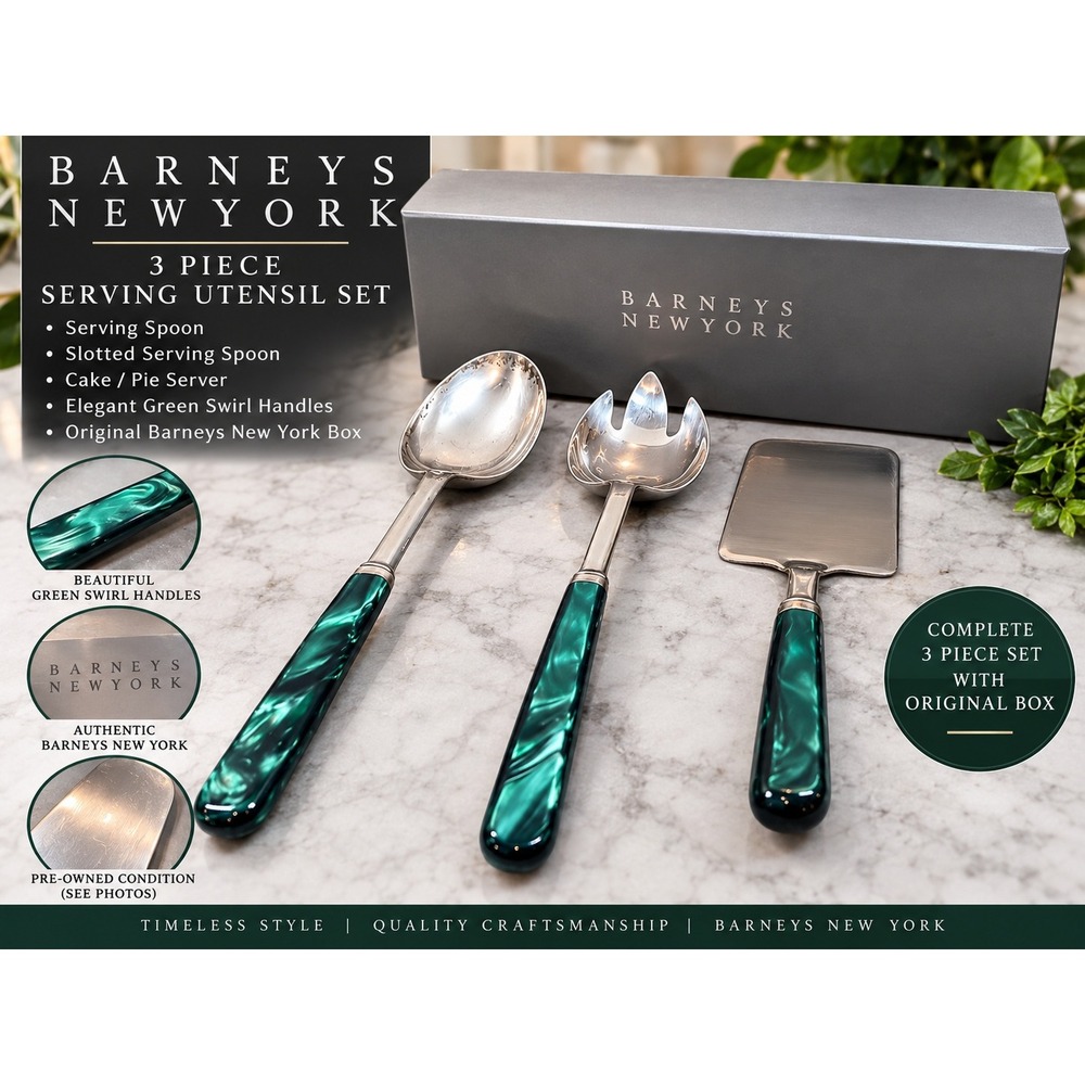 Barneys New York 3 Piece Serving Utensil Set Green Swirl Handles Original Box